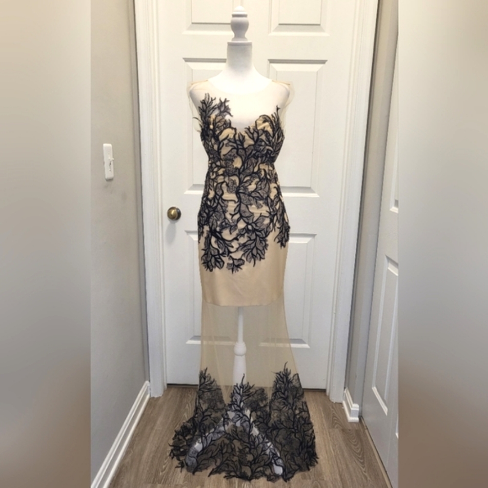 Elegant Couture Black and Tan Sheer Maxi Dress Gown